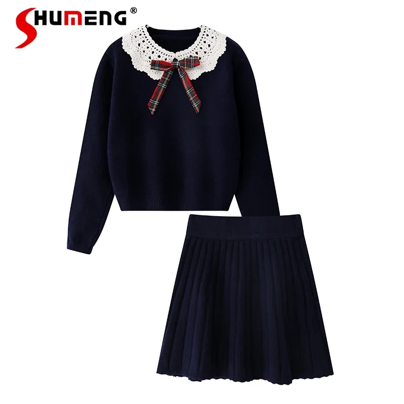 Preppy Style Removable Bow Crochet Doll Collar Knitwear Pullovers Sweater High Waist Knitted Pleated Skirt Two-piece Set Women