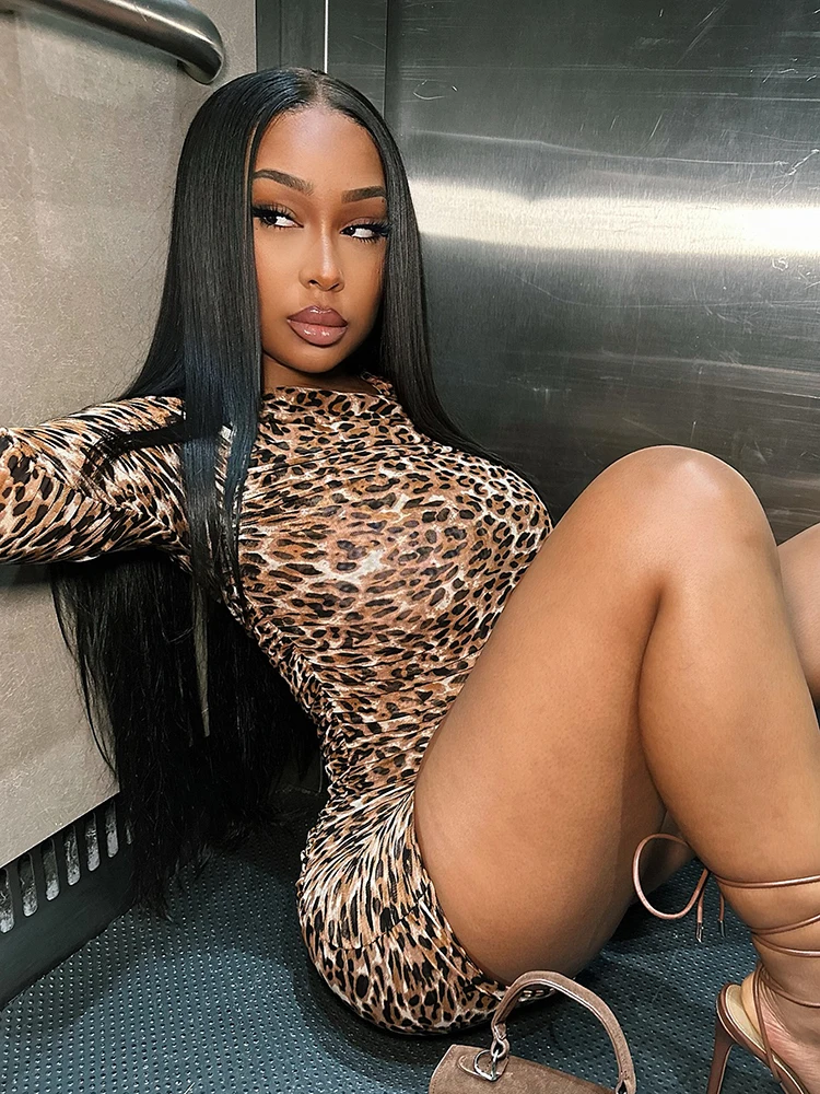 

Nibber сексуальный комбинезон с леопардовым принтом, женский эластичный комбинезон с рюшами и длинными рукавами для тренировок, спортивная одежда, полуночные трендовые клубные комбинезоны