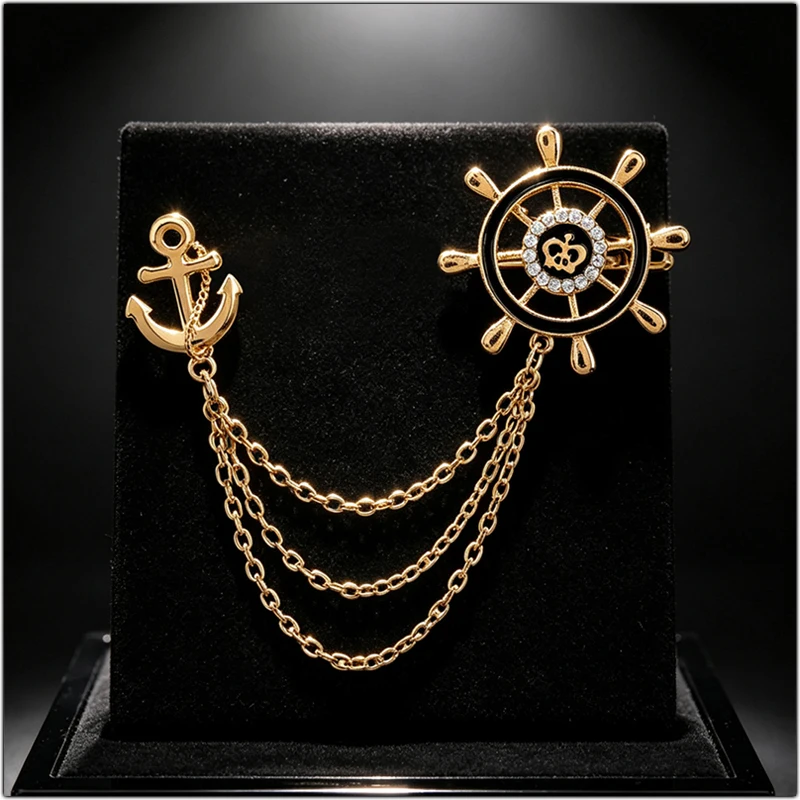 Fashion Rudder Anchor Tassels Chains Brooch Men Badge Lapel Pins Coat Suit Collar Brooches for Women Accessories Friendship Gift