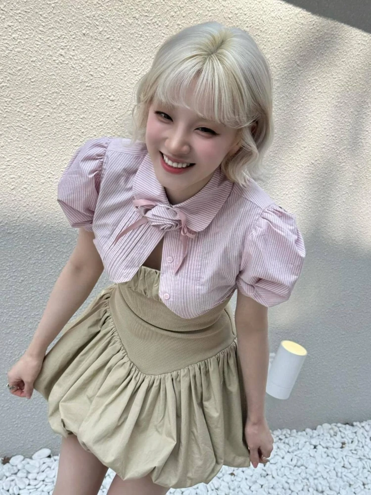 Coreano faculdade estilo doce 2 peça conjunto feminino y2k mangas inchadas blusa listrada + vestido sem alças feminino fino ajuste chique outfits novo