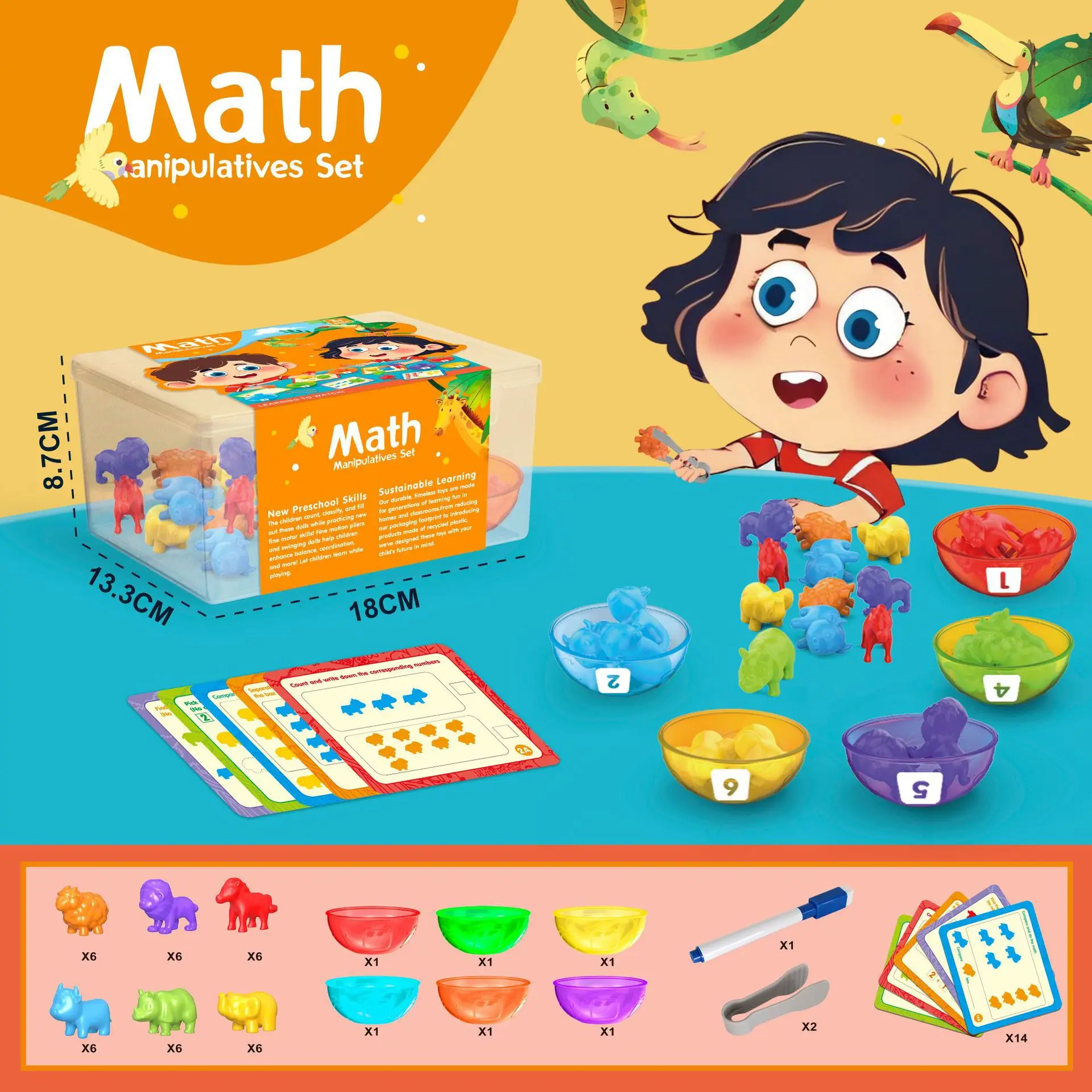 Jouet sensoriel de tri d'animaux pour enfants, Montessori, correspondance des couleurs, comptage des mathématiques, addition, soustraction, jeu d'apprentissage, éducatif préscolaire