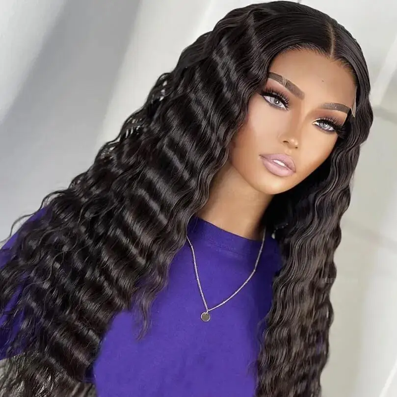 Long Natural Black Soft 26Inch 180Density Deep Wave Lace Front Wig For Women BabyHair Heat Resistant Preplucked Daily Glueless