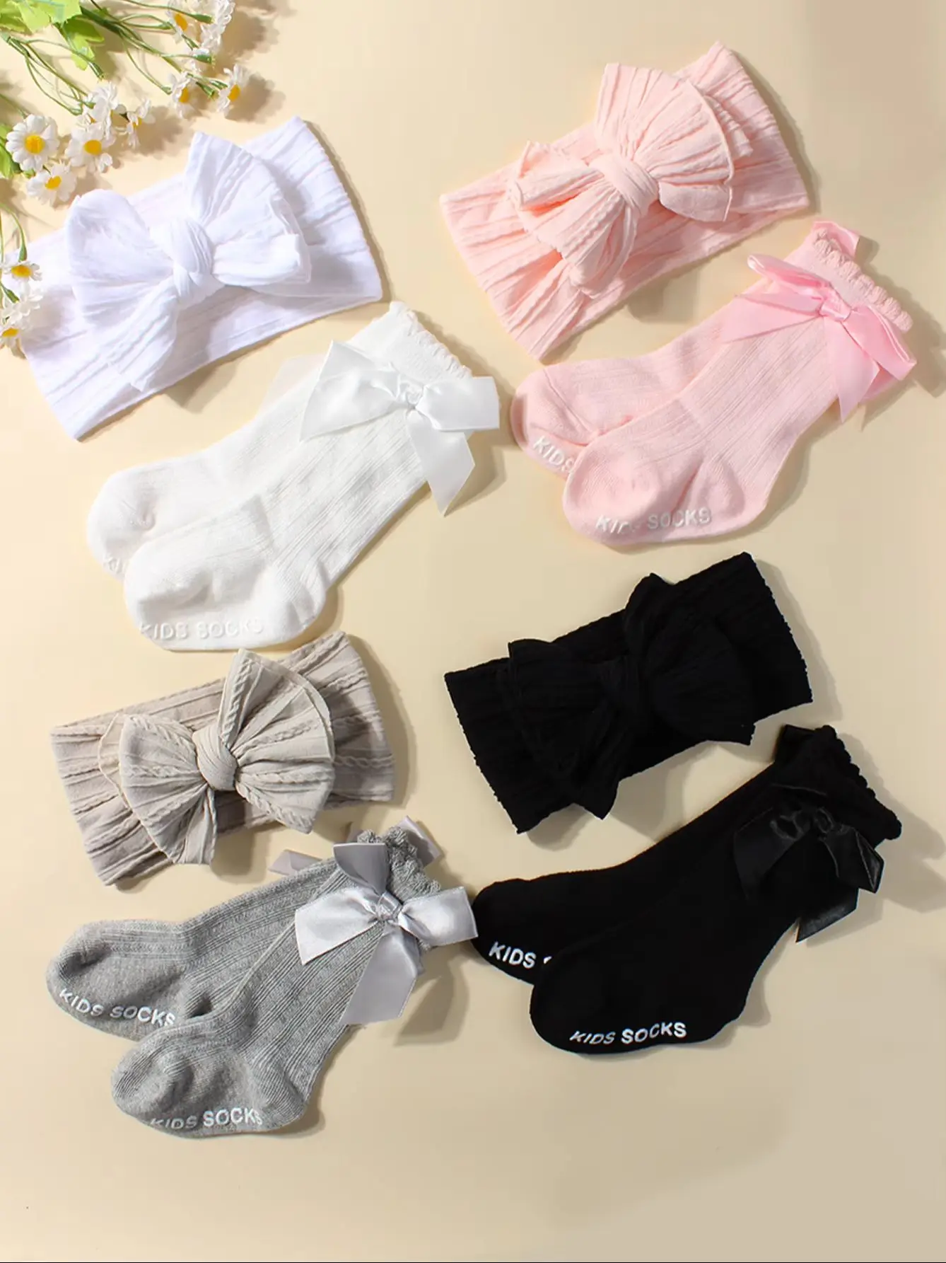 

2Pcs/Set Baby Girl Headband and Socks Set Cable Knit Bow Infant Toddler Stretchy Hair Bands Ribbon Bow Socks Newborn Gifts