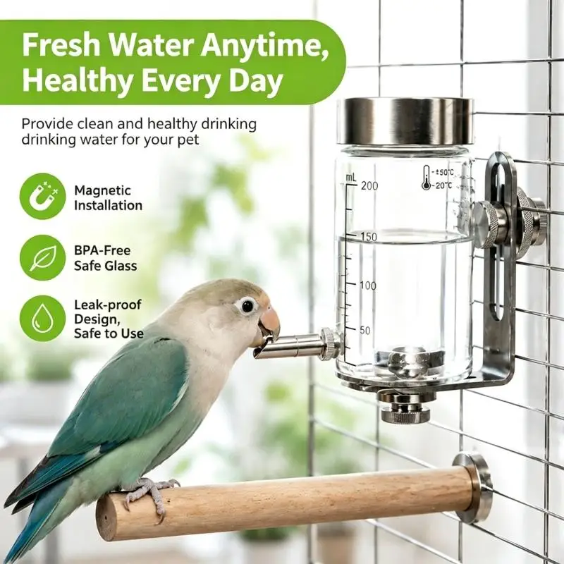 37ME Bird Cage Drink Dispenser for House Birds and Small Cage Animals, Glass Body with Visible Level and Metal Nozzle