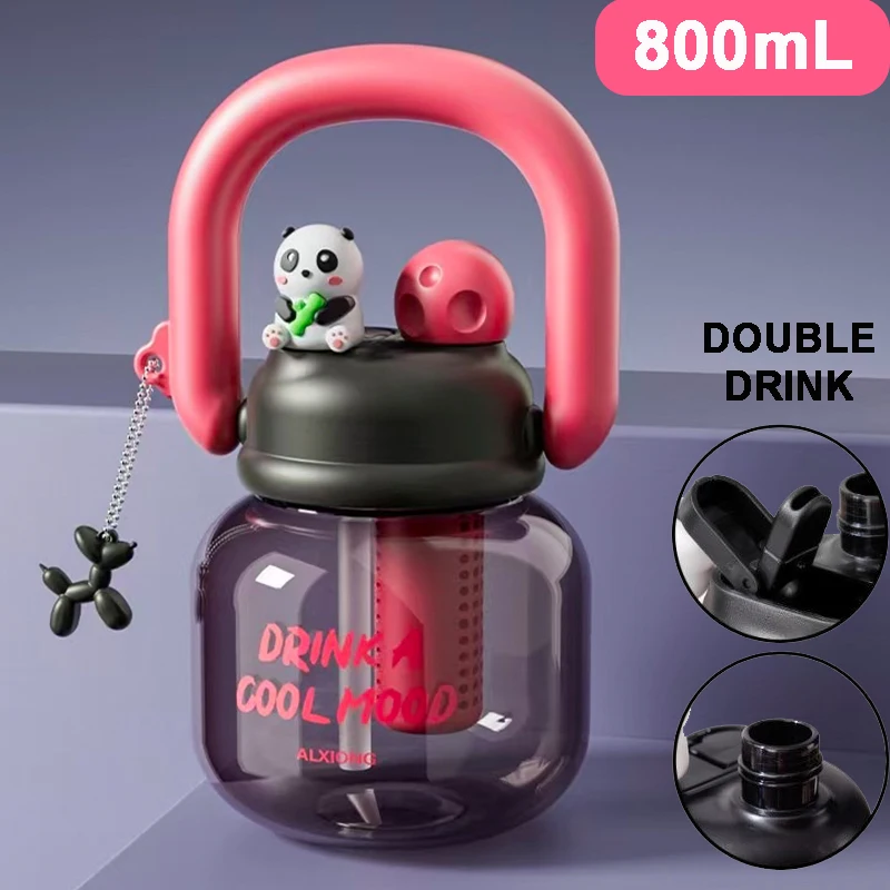 

Новая бутылка для воды 800 мл для детей с соломинкой, детский летний чайник, милый двойной переключатель для напитков, чашка для рук, подарок на день рождения для девочек