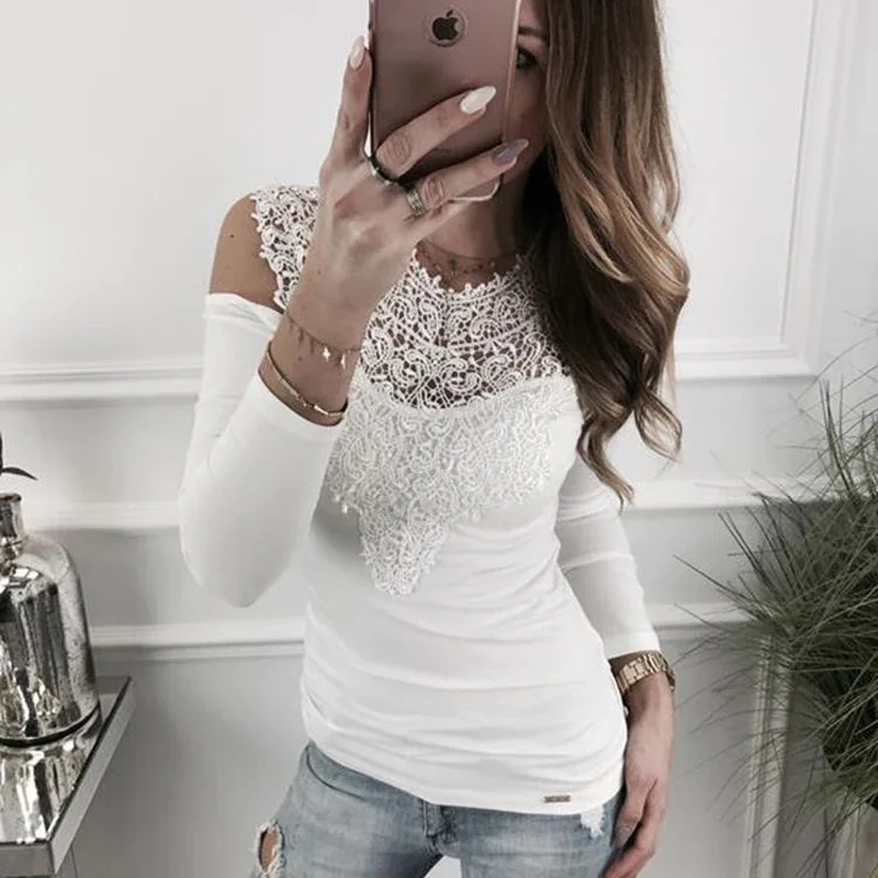 CPSYMYM Best Seller Cross-Border Product New Arrival Sexylace Splicing Off-The-Shoulder T-Shirt Top V-Neck China Mainland Origin
