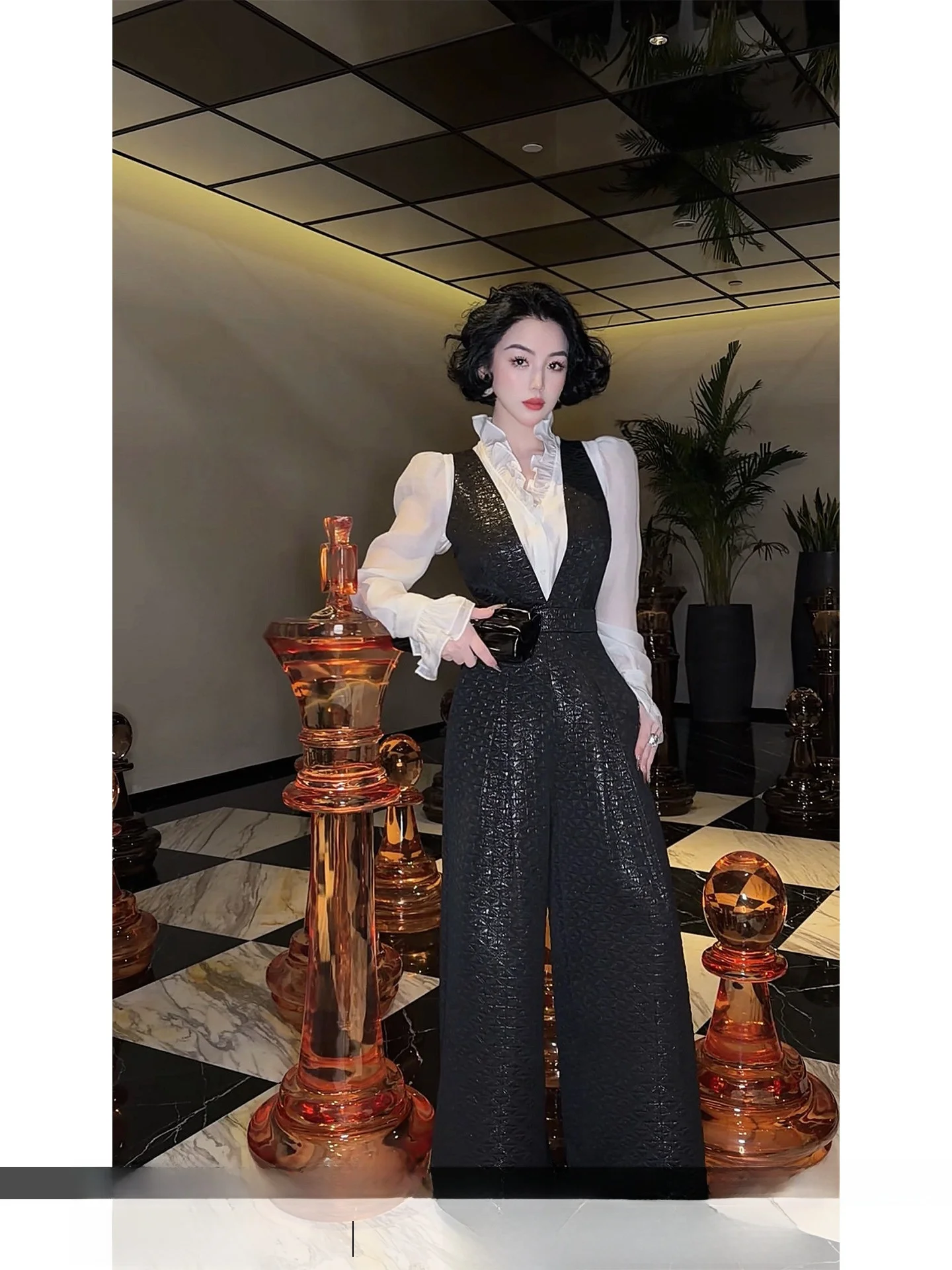 

LYXJ Sydney Night Gingham Print High Waist Slimming Spring 2026 Women's One-Piece Overalls Ele Wide Leg Pants