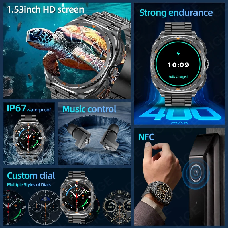 LIGE Smartwatch Built-in TWS Earbuds NFC Bluetooth Call Waterproof Sport Watch Men Women Heart Rate Blood Oxygen Fitness Tracker