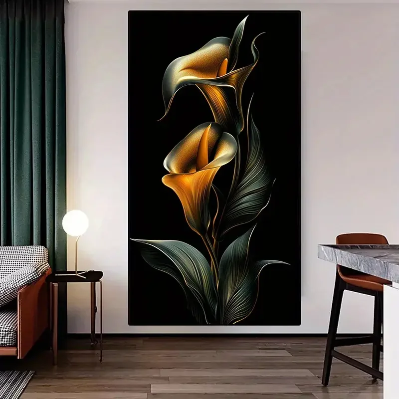 1 قطعة 27.56x55.12in فرملس الحديثة مجردة الذهبي زنابق الكالا قماش جدار الفن-خلفية سوداء مع الأصفر الذهبي والداكن Bro