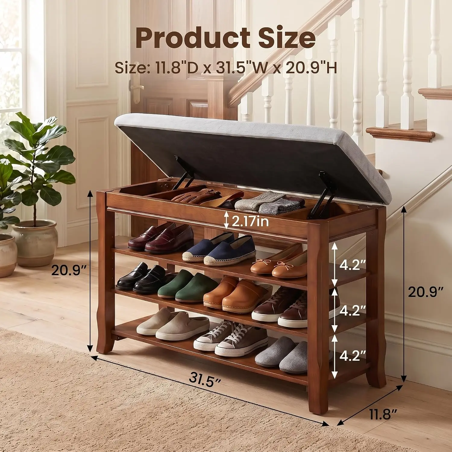 Solid Wood Bench Shoe Storage Flip Top Lid 31 5 Inches