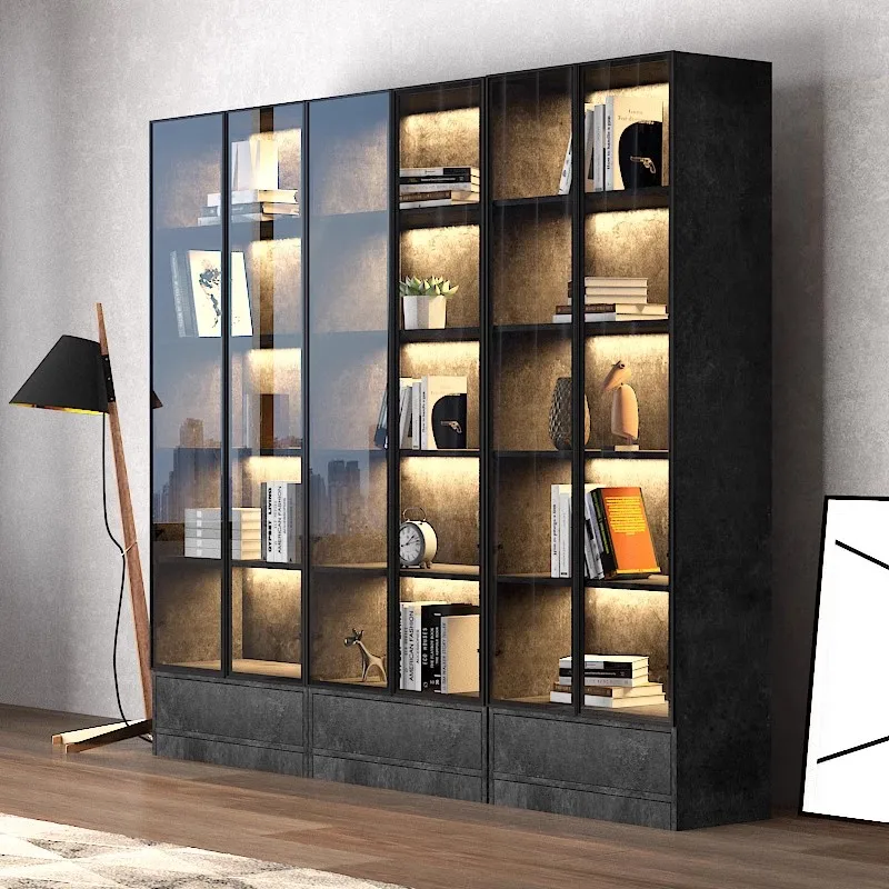 Light luxury floor-to-ceiling glass door bookcase display cabinet Modern simple bookshelf Household figure locker Whole wall