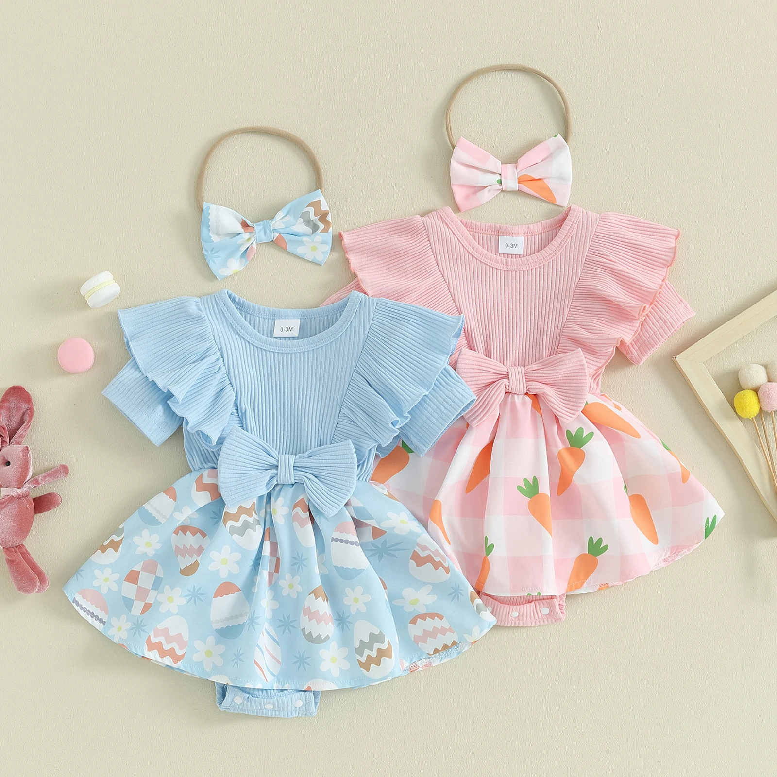 

Infant Baby Girls Easter Day Romper Dress with Bow Headband Egg/Carrot Print Ruffled Short Sleeve Patchwork Jumpsuit Bodysuits