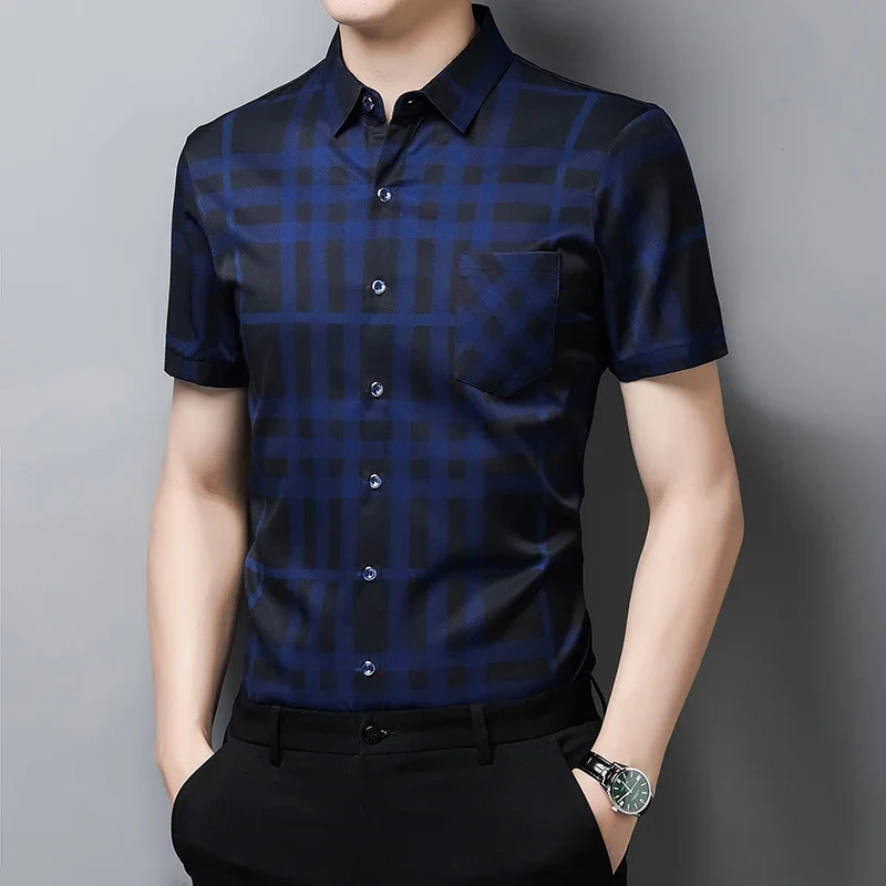 Men\'s business casual short sleeved shirt Men\'s plaid shirt