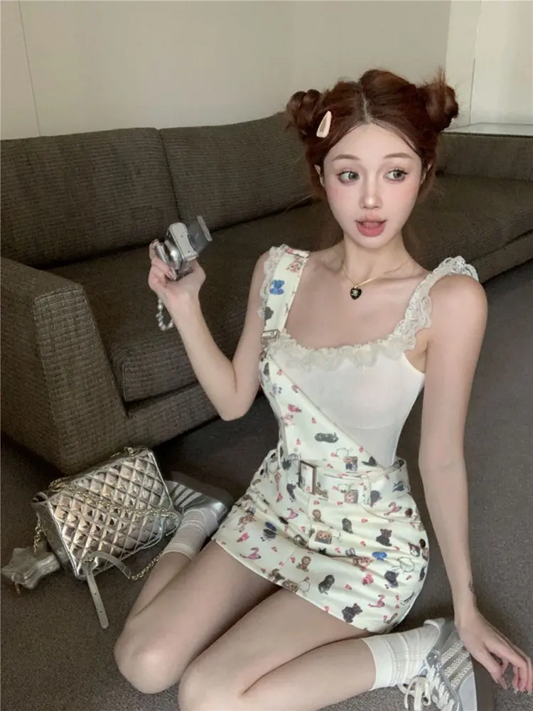 Y2K épicé fille dessin animé imprimé Denim salopette femmes été pur désir gilet t-shirt haut Dr ensemble a-ligne jupe ort Sve