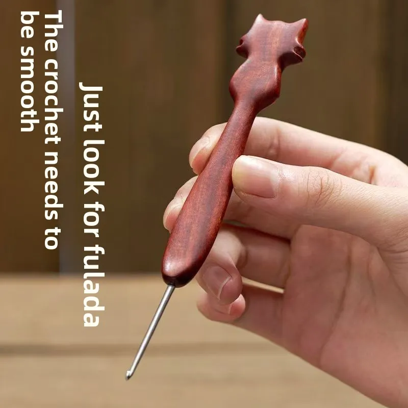 

Cat Blood Sandalwood Handle Crochet Hook Hand Polished Stainless Steel Needle Doll Wool DIY Knitting Tool