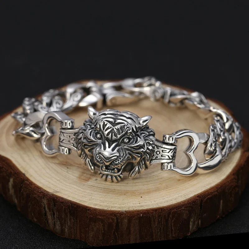 s925 sterling silver fashion domineering personalized tiger head Bracelet Men's distressed Thai silver hipster all-match jewelry