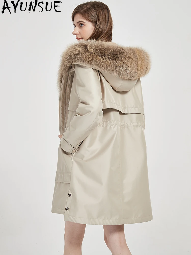 AYUNSUE Parka en vraie fourrure pour femme, doublure de lapin Rex, vêtements d'hiver détachables, Trench-Coat mi-long, col chaud en fourrure de renard, Шу onder