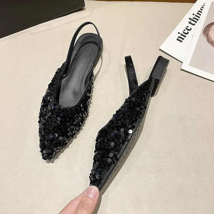

Women's Summer New Sandals Fashion Sexy Baotou Sequin Slip on Shoes Elegant Hollow Out Pointed Party Dress Sandalias