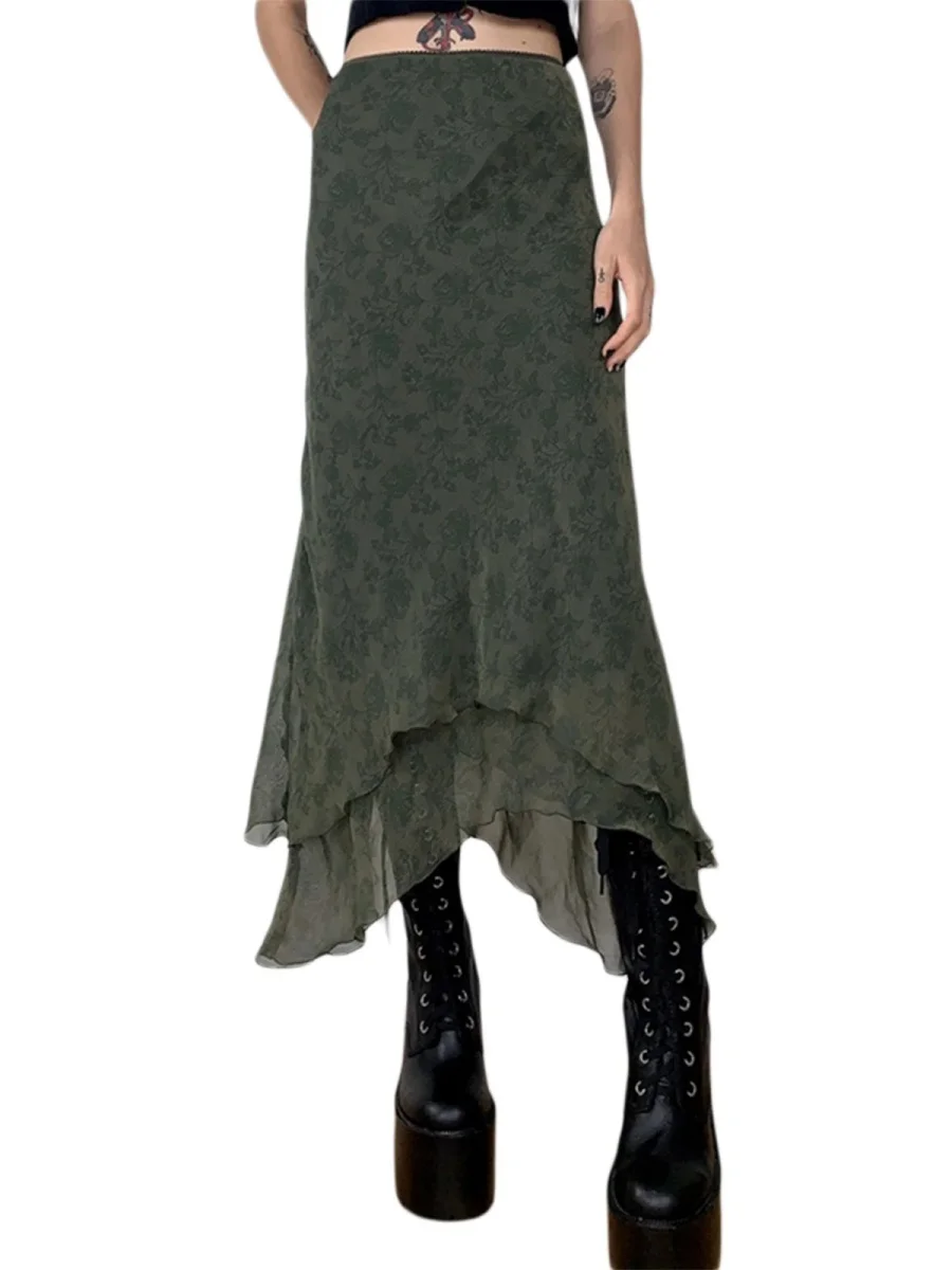Y2k Women's Midi Skirt, Floral Print High Waist Ruffled Skirt Summer Dress