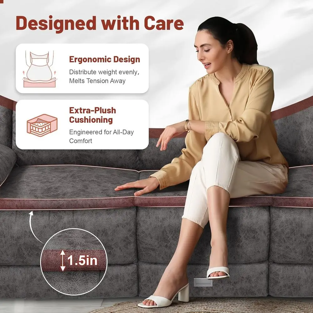 أريكة قابلة للاستلقاء بثلاثة مقاعد مع مسند ظهر قابل للتعديل ومنافذ USB وحاملات أكواب لغرفة المعيشة واستخدام RV