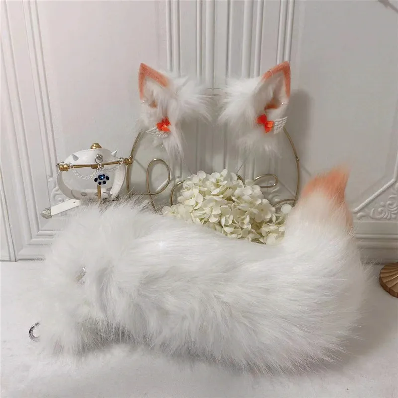 

Handmade White Snow Fox Neko Ears Hair Hoop Headwear Tail Necklace Earrings Fancy For Girl Women Cosplay Costume Accessories