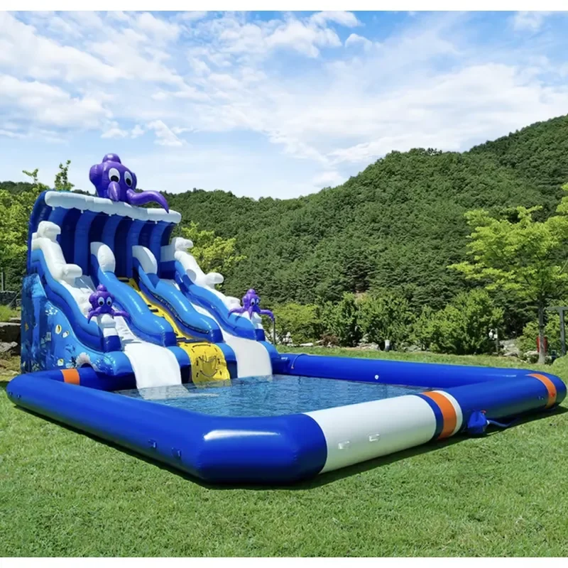 CE Portable PVC Blue Wave Design Dual Lane Inflatable Octopus Water Pool Slide for Residential & School Use Outdoor/Indoor