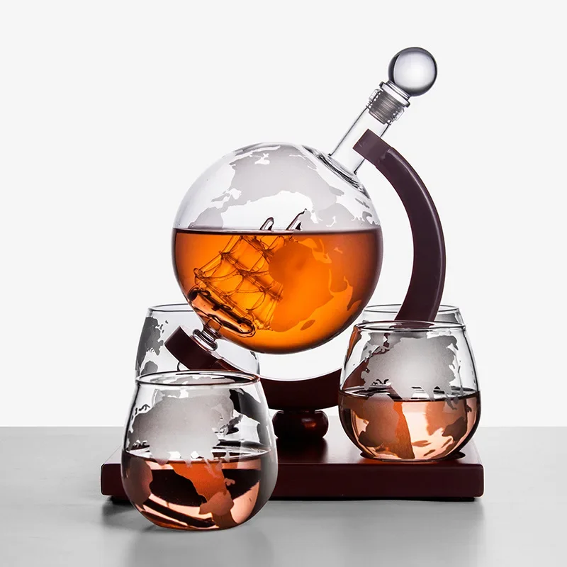 Globe Decanter Creative Glass Wine Bottle Container Whisky Champagne Beer Carafe Home Bar Drinkware Decanter Cup Wood Stand Set