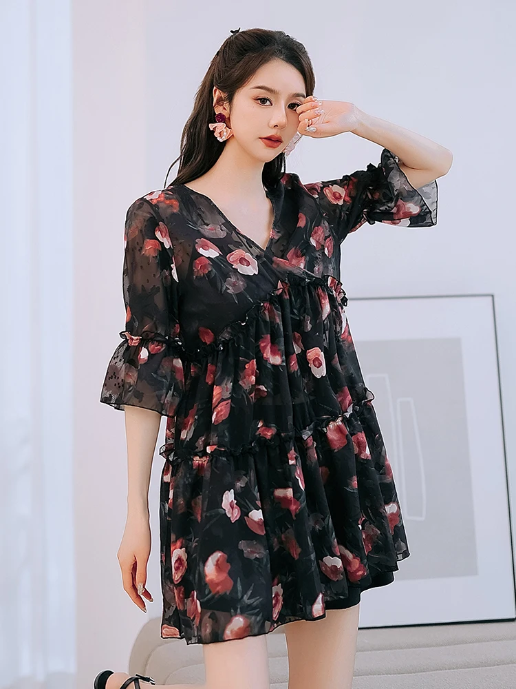 

Floral Print Tee Piece Swimsuit Women's Sle Separate Bikini for Hot Spring Soaking Belly Covering Slimming Design