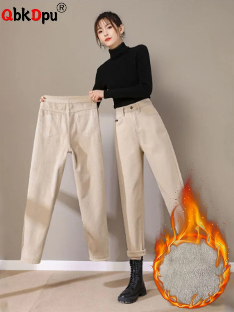 

Classic Baggy Khaki High Waist Straight Denim Pants Winter Thicken Plush Velvet Lined Korean Women Casual Big Size Warm Vaqueros