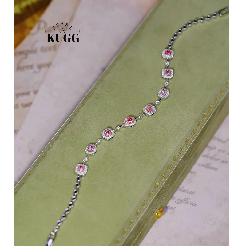 KUGG 100% 18K White Gold Bracelet Luxury Elegant Style Real Natural Pink Diamond Bracelet for Women Senior Banquet Fine Jewelry