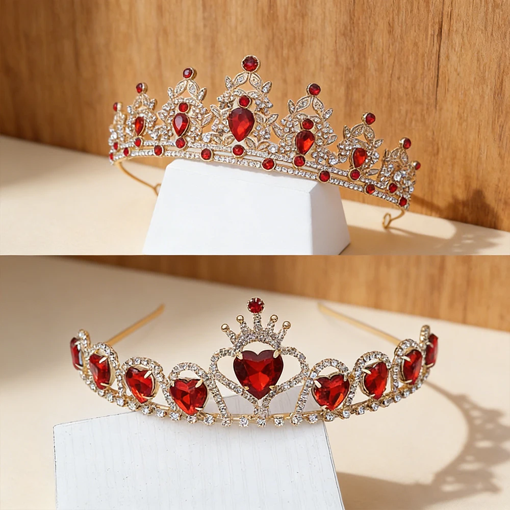 2pcs Red Heart Red Treasure Gilded Crown Water Diamond Luxury Hair Crown Sweet Cool Princess Style Banquet Ball Children Styling view 5
