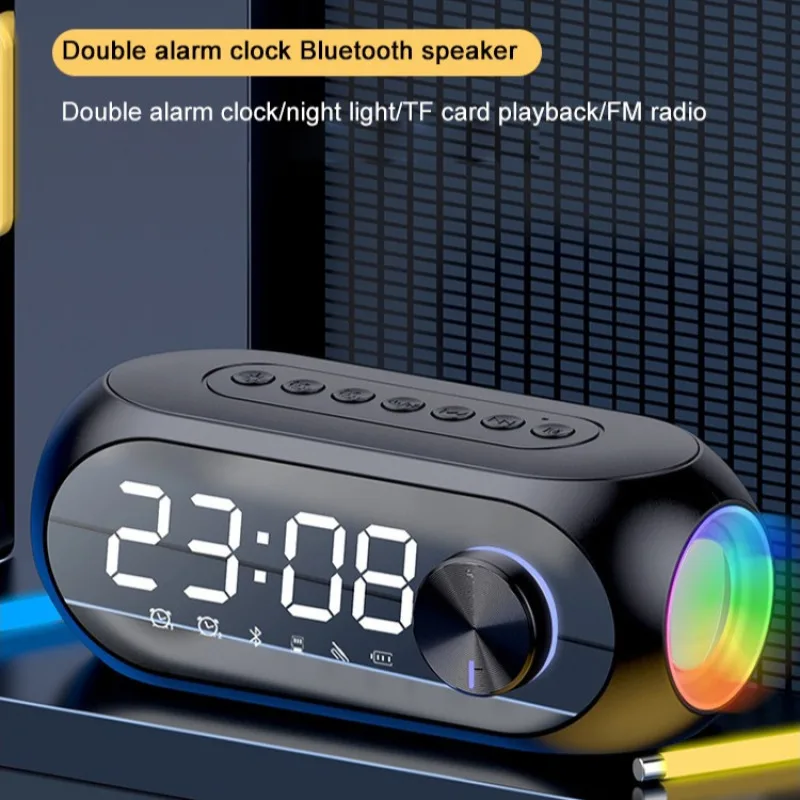 Portable Subwoofer Wireless Bluetooth Speaker with Clock FM Radio and Card Slot Dualpurpose Mini Woofers Mirror Clock for Home