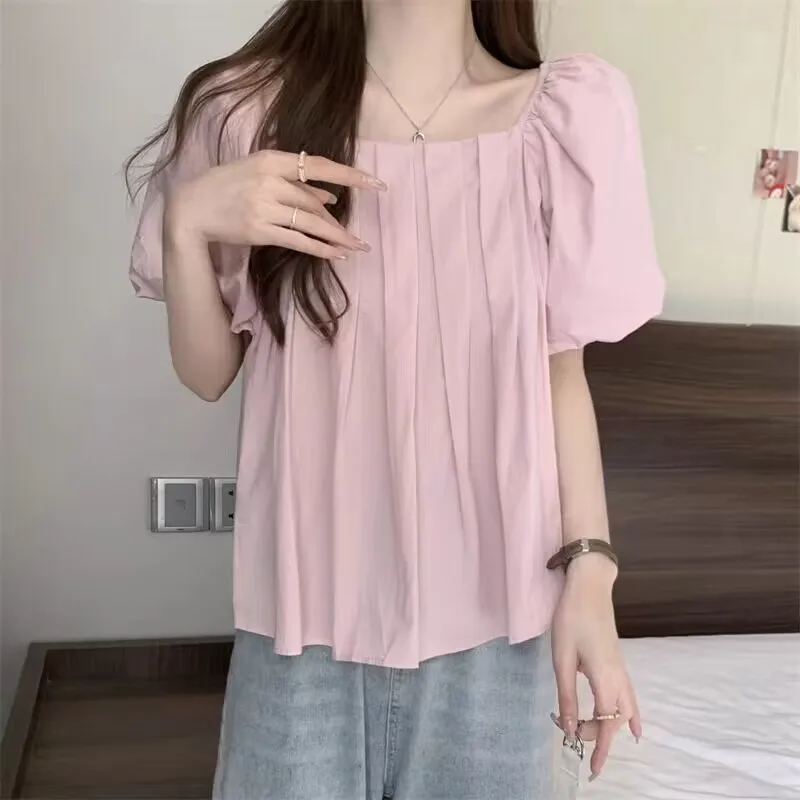 Puff Sleeve Blouses Women French Style Loose Sweet Solid Temperament Lace-up Fashion Summer New All-match Girlish Ulzzang Tender