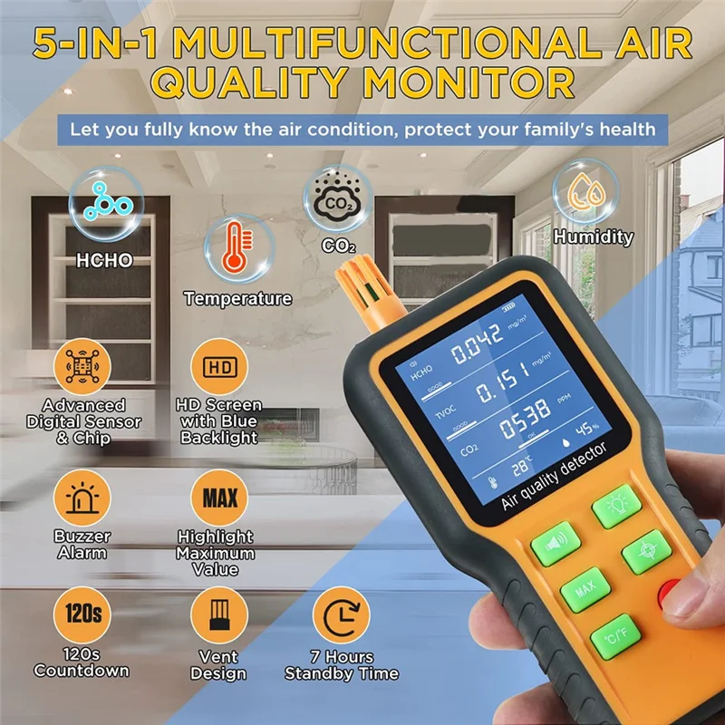 HFES مراقبة جودة الهواء الداخلي كاشف الفورمالديهايد TVOC/Temp./الرطوبة في الأماكن المغلقة مع موجه الجرس، شاشة بإضاءة خلفية
