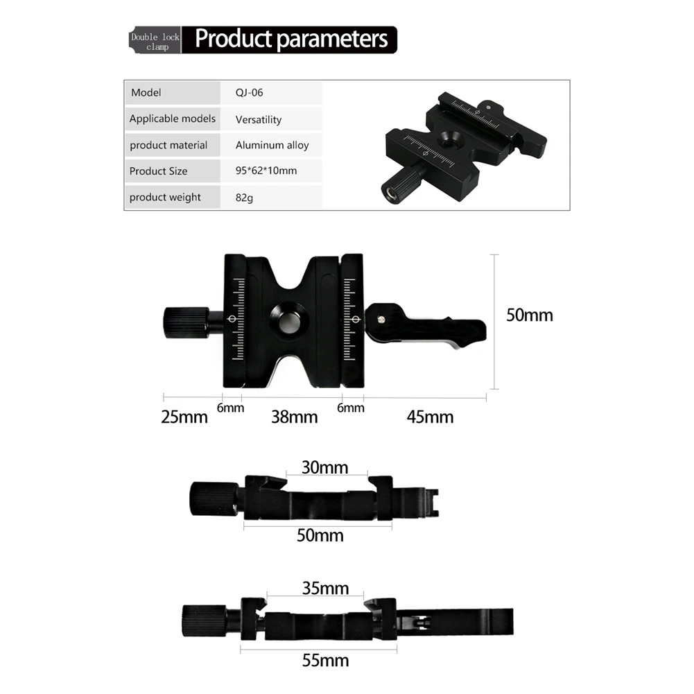 Imagem -06 - Duplo Bloqueio de Montagem Placa Braçadeira Quick Release Placa Braçadeira Adaptador Botão Ajustável para Arca Swiss Tripé Bola Cabeça Qj06