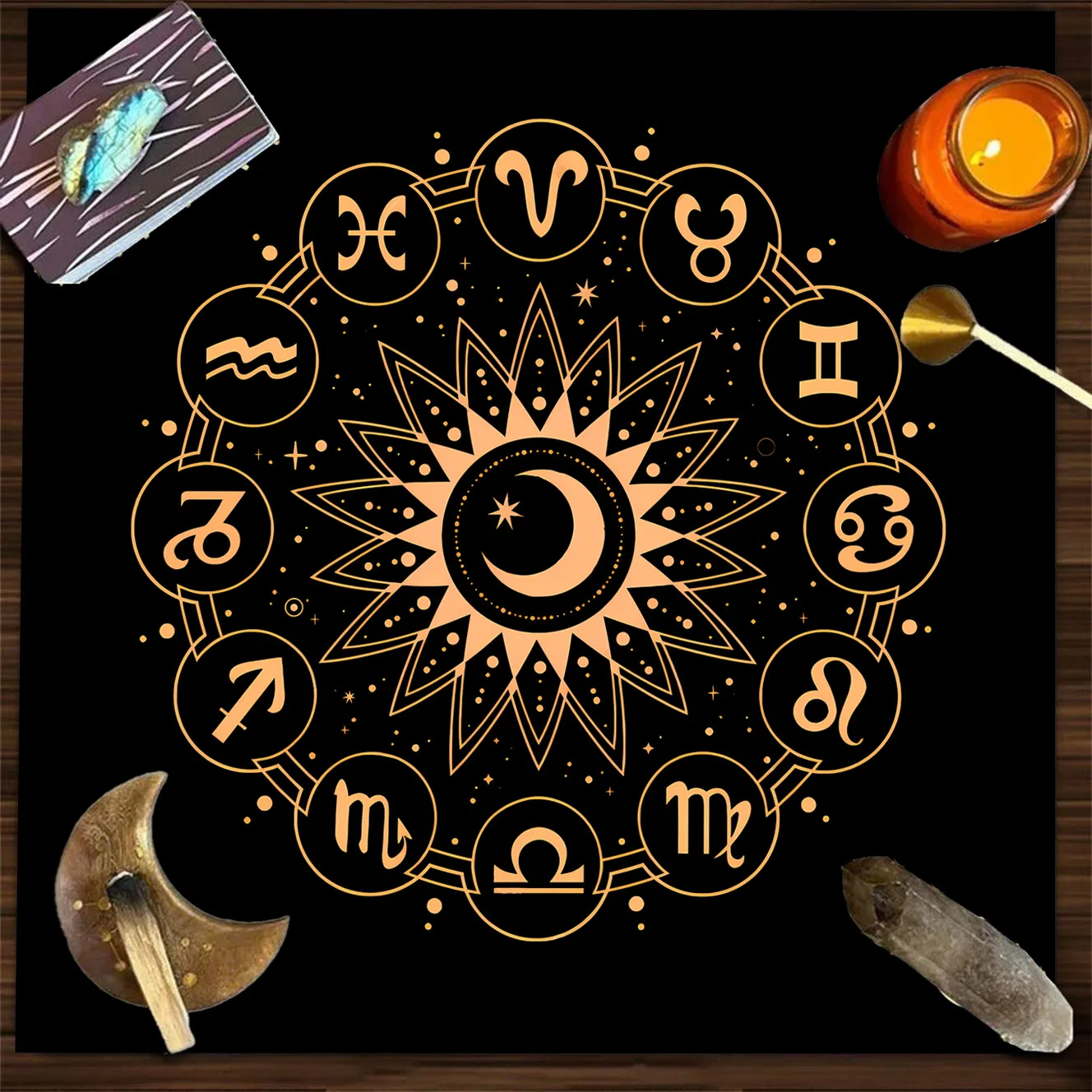 black gold zodiac wheel sun moon star tarot card tablecloth astrology divination altar cloth mystical mat for home decor