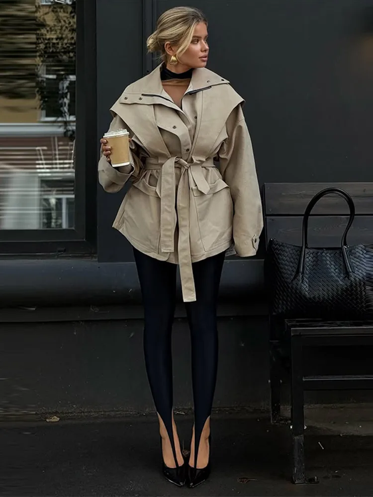 Casual Solid Women Coat Elegant Stand Collar Single Breasted Belt Long Sleeve Female Outwear 2026 Autumn Fashion Lady New