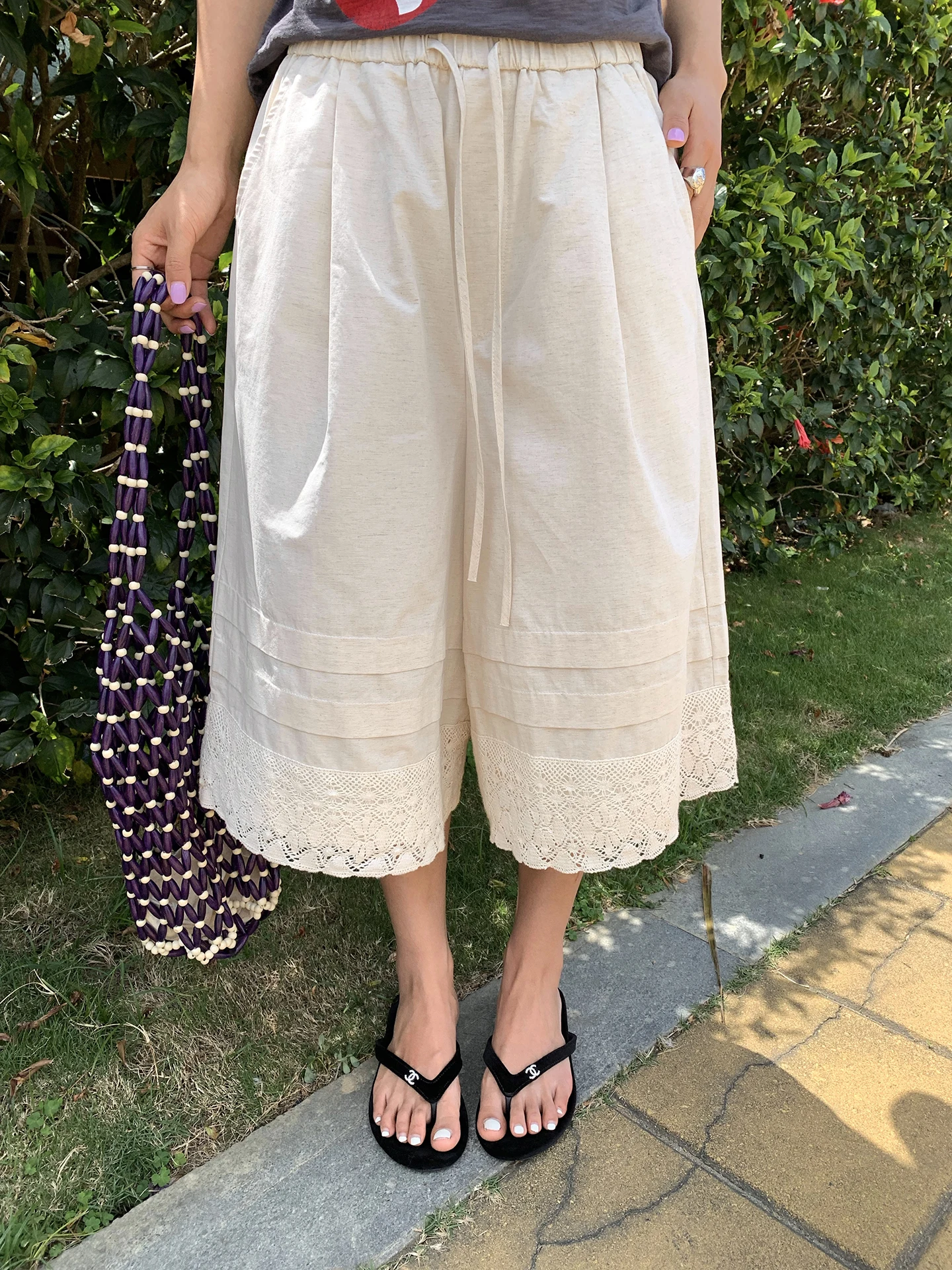 

Tefamani Cotton Linen Wide Leg Pants High Waist Elastic Waist Popular Style Seven Tenths Summer Casual Trousers for Women