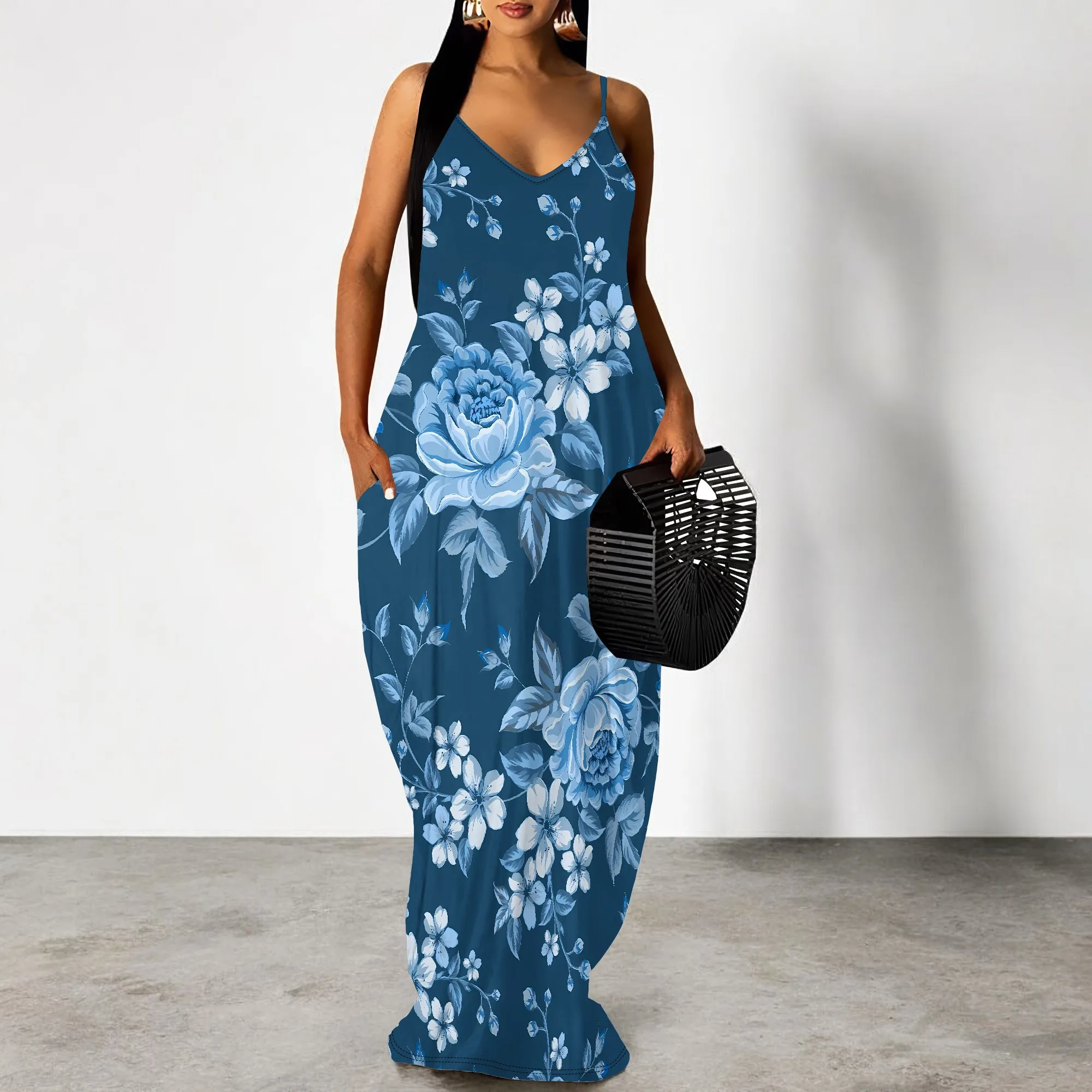 

EQQZD Sleeveless V-neck Spaghetti Strap Maxi Dress for Women, Elegant & Beautiful Flower Print Dress with Pockets