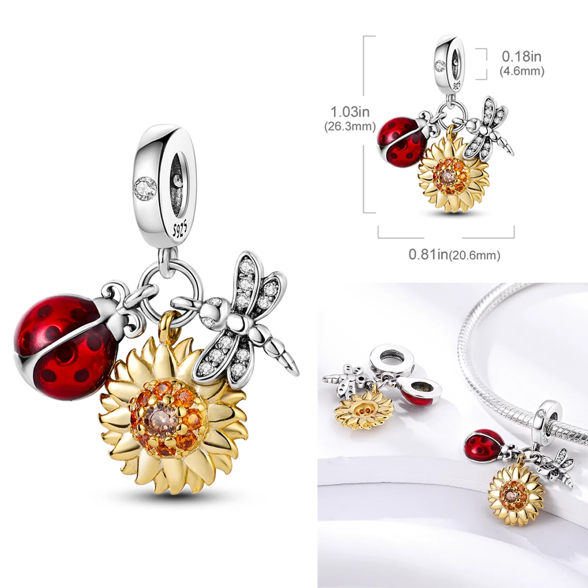 925 Sterling Silver Charms Bead CZ Zircon Ladybug Sunflower Dragonfly Dangle Fit Original Bracelet DIY Women Jewelry Gift