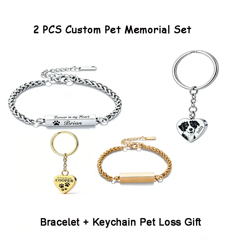 

2PCS Custom Pet Memorial Set, Engravable Bracelet Keychain Pet Loss Gift