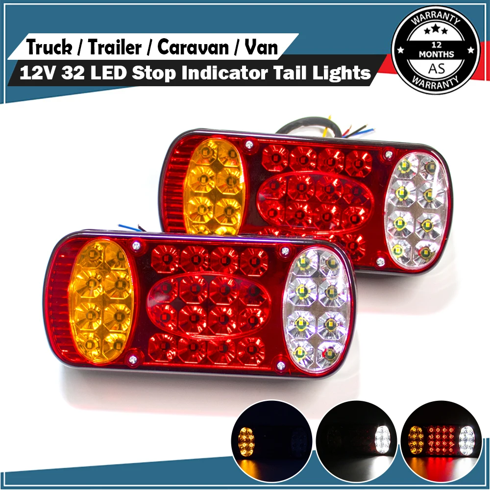 2pcs 12V 32 LED Car Truck Tail Light Taillight Rear Stop Brake Reverse Light Signal Lamp Indicator Trailer Lorry Caravan Van UTE