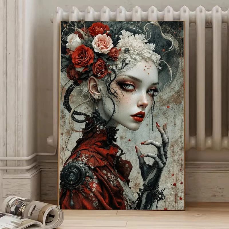 2026 new Fashion Girl Portrait Woman with Colorful Flower Minimalist Wall Art Print Canvas Painting Posters for