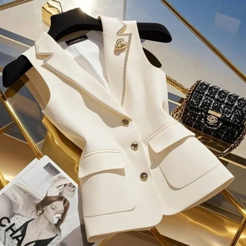 

Bright Silk Edge White Blazers Vest Jackets Temperament Women Sleeveless Vests Coat Elegant British Retro Summer Single Breasted