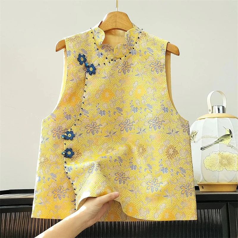 Women's Jackets Women's Vest New Chinese Retro Jacquard Vest Joker tank top Early Autumn Women's Coat Buckle Sleeveless Coat