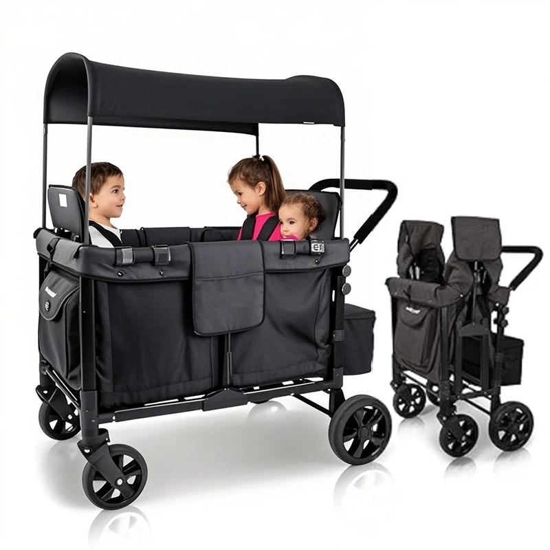 

Stroller Wagon 4 Seater Collapsible Wagon Stroller With 5-Point Harnesses Seats Easy Access Zipper Door Removable Sun Canopy