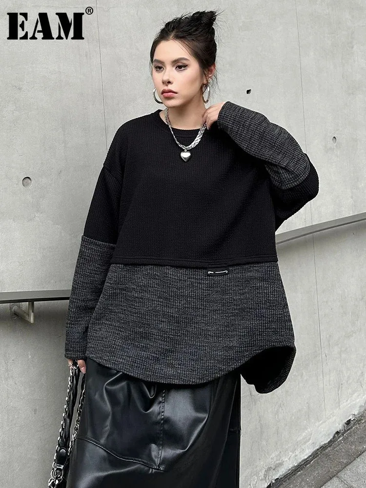 EAM Black Gray Color-block Sweatshirt New Round Neck Long Sleeve Women Big Size Fashion Tide Spring Autumn 2023  1DH8176