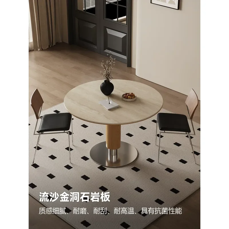 Round Travertine Stone Slab Dining Table Solid Wood Base Modern Simple Cream Style Small Apartment Household Furniture