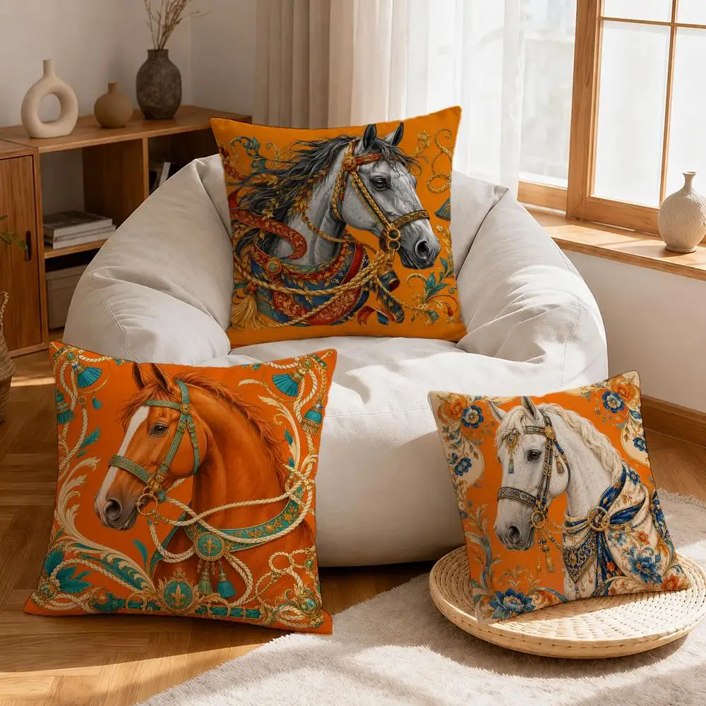 Pattern Retro Luxury Horse Cushion Cover Linen Anti-Mite Antibacterial Cushion Cover Invisible Zipper Sofa Decor