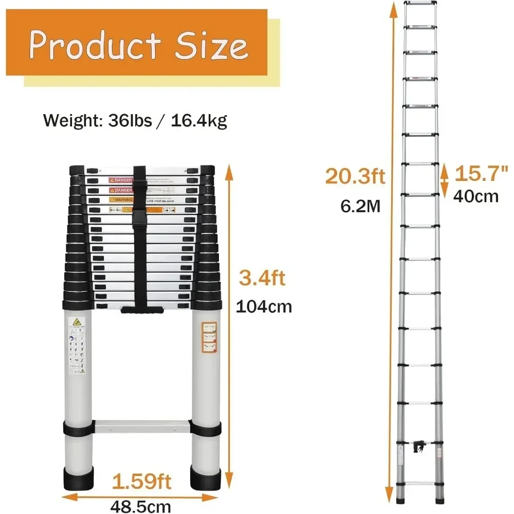 Telescoping Ladder Aluminum DIY Extension Folding Loft Ladder with Detachable Hooks Anti-Slip Rubber Feet Portable